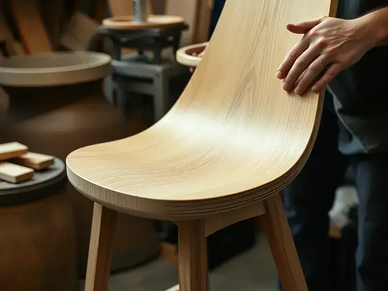 Bent wood elements and curved furniture
